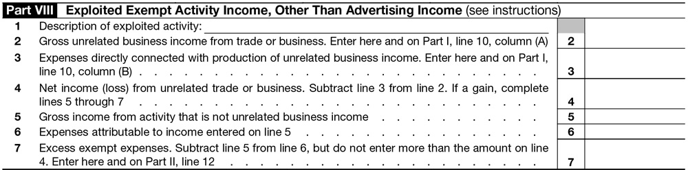 Instructions to complete Form 990-T Schedule A Part VIII. Exploited Exempt Activity Income, Other Than Advertising Income