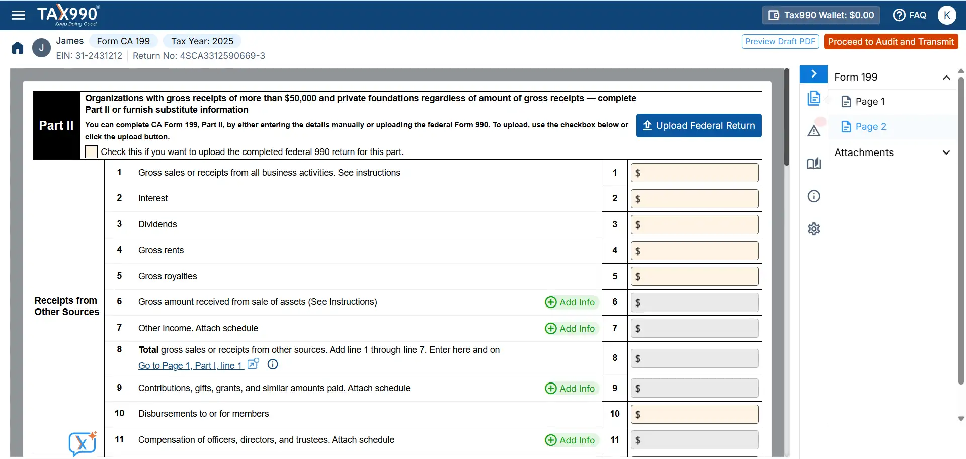 Enter CA Form 199 Data