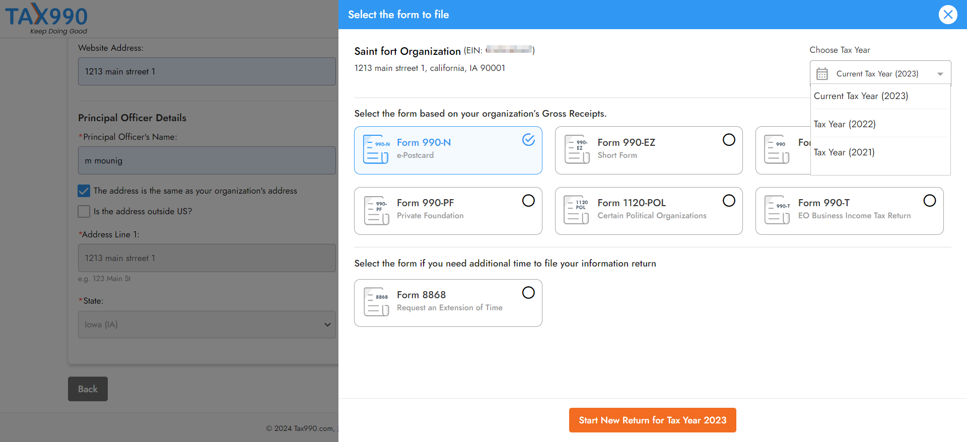 Select Form 990-N Filing Year