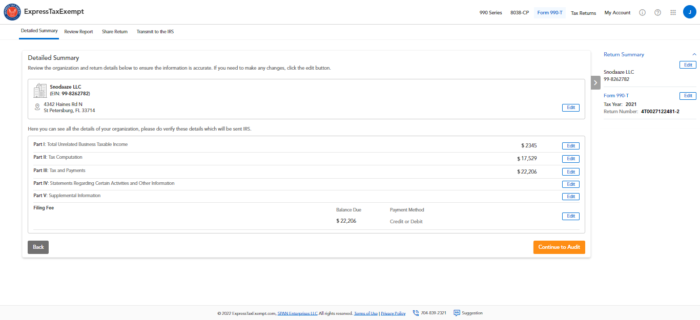 Review Your Form 990-T Summary