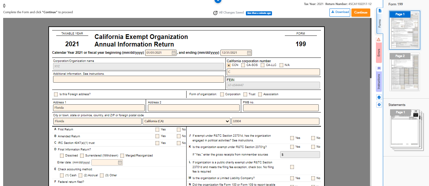 Enter CA Form 199 Data