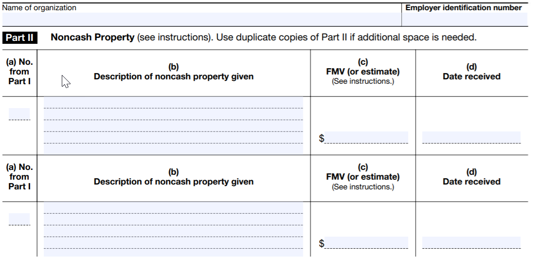 Part II of  Form 990 Schedule B - Noncash Property