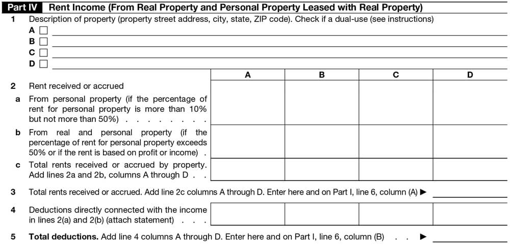Instructions to complete Form 990-T Schedule A Part IV. Rent Income (From Real Property and Personal Property Leased with Real Property)