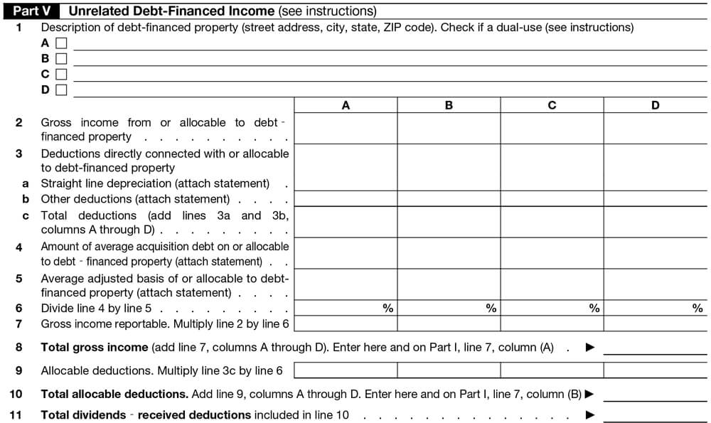 Instructions to complete Form 990-T Schedule A Part V. Unrelated Debt-Financed Income
