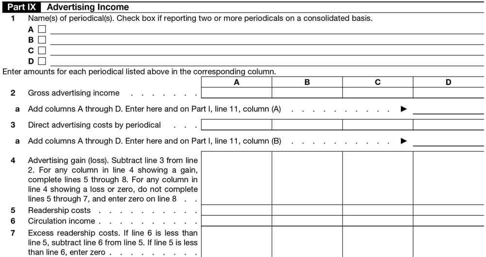 Instructions to complete Form 990-T Schedule A Part IX. Advertising Income