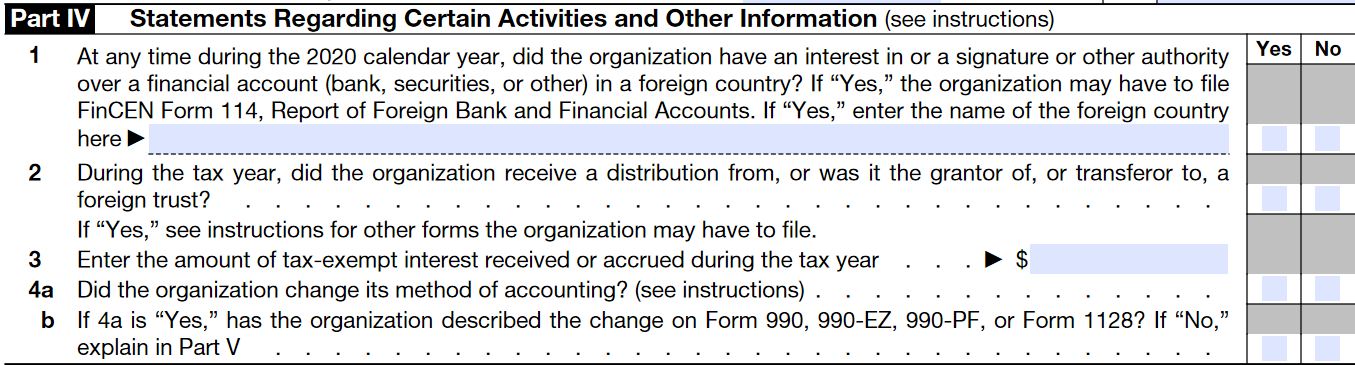Instructions to complete Form 990-T Part IV
