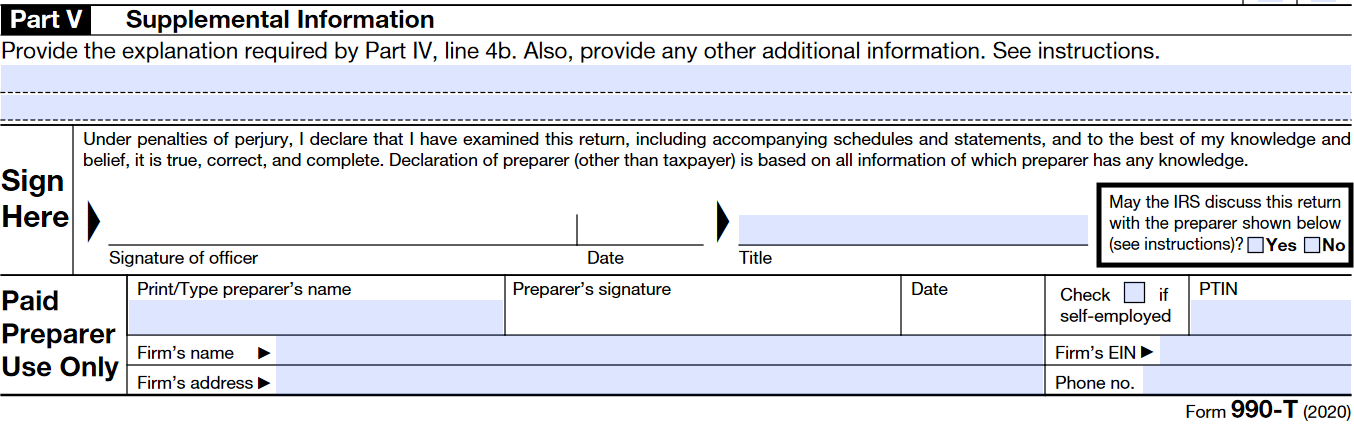 Instructions to complete Form 990-T Part V