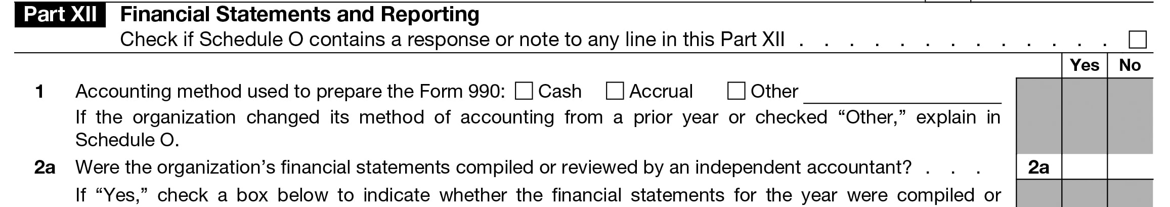 Instructions to complete Form 990 Part XII - Financial Statements and Reporting