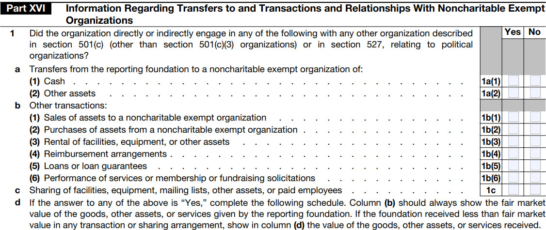 Part XVI - Information Regarding Transfers To and Transactions and Relationships With Noncharitable Exempt Organizations