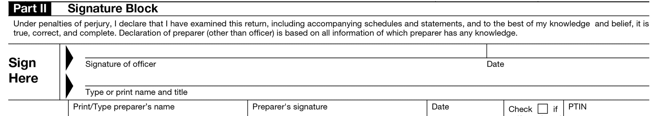 Instructions to complete Form 990 Part II - Signature Block