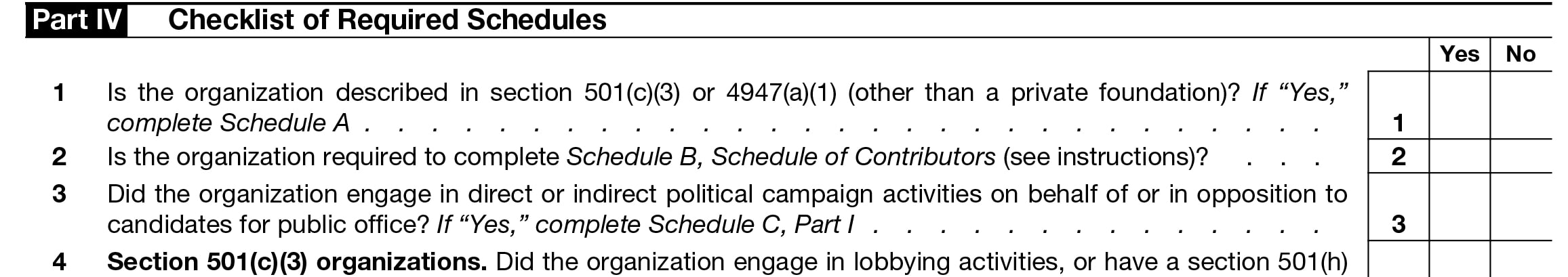 Instructions to complete Form 990 Part IV - Checklist of Required Schedules