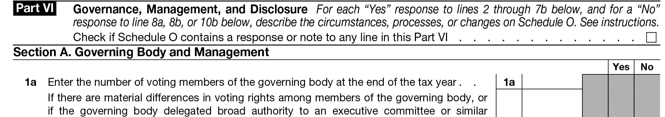 Instructions to complete Form 990 Part VI Governance, Management, and Disclosure