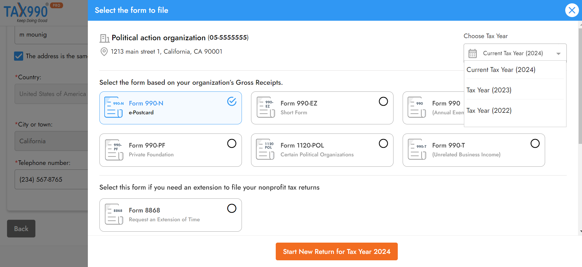 Select Form 990-N Filing Year